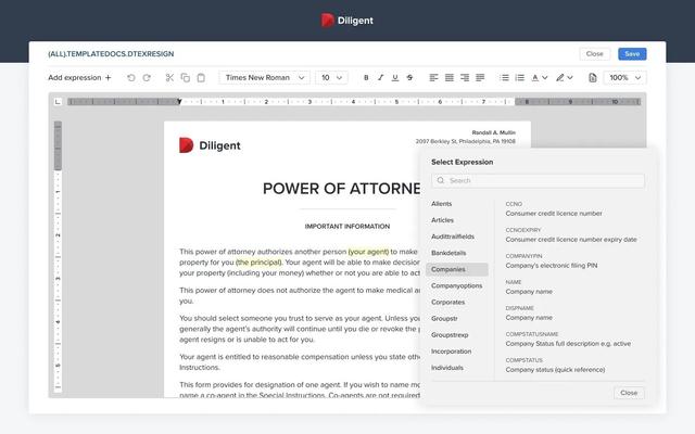 Screenshot of the Diligent platform showcasing the Document assembly functionality