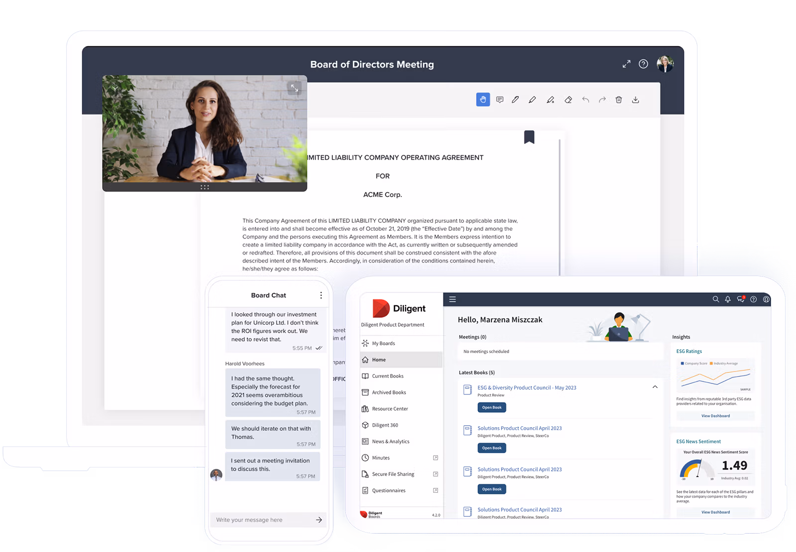 3 screenshots of Diligent Board Management Software.