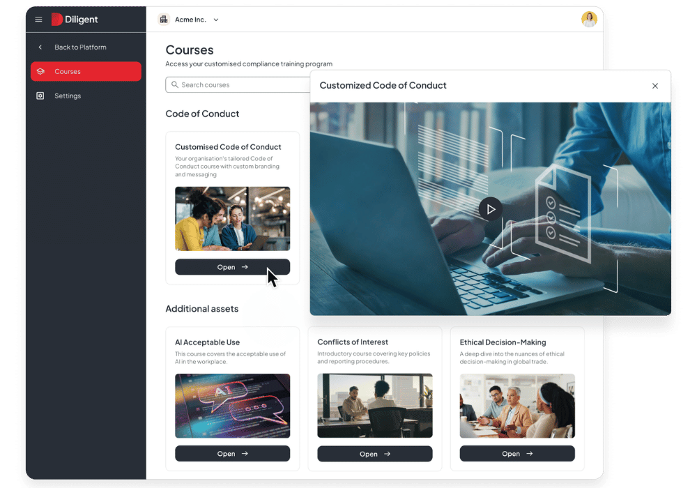 Compliance Courses - Revival Holdings A screenshot of the compliance and ethics training solution from Diligent.