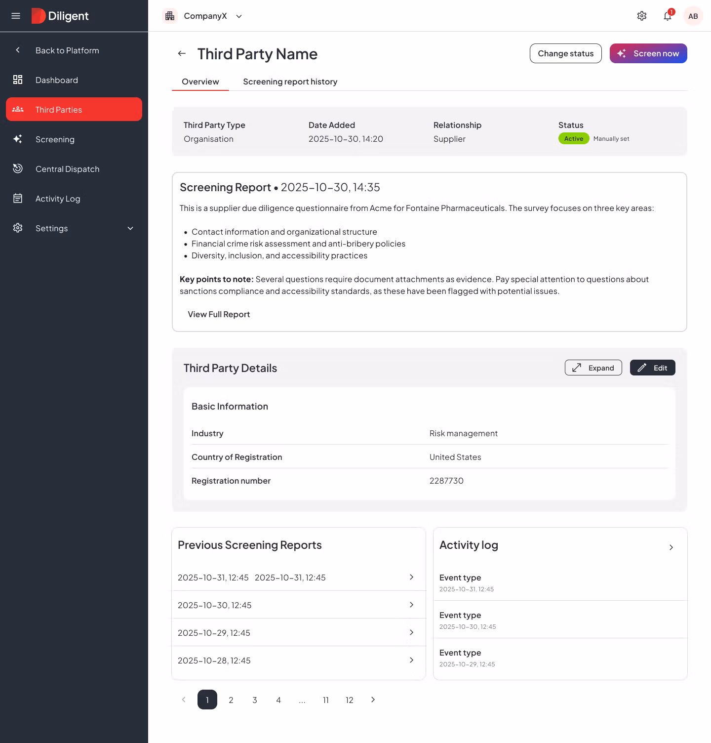 Third-Party-History-Screenshot Dashboard UI showing a 'Third Party Name' profile with a dark left navigation and 'Third Parties' highlighted, plus an Overview tab and a Screening history area.