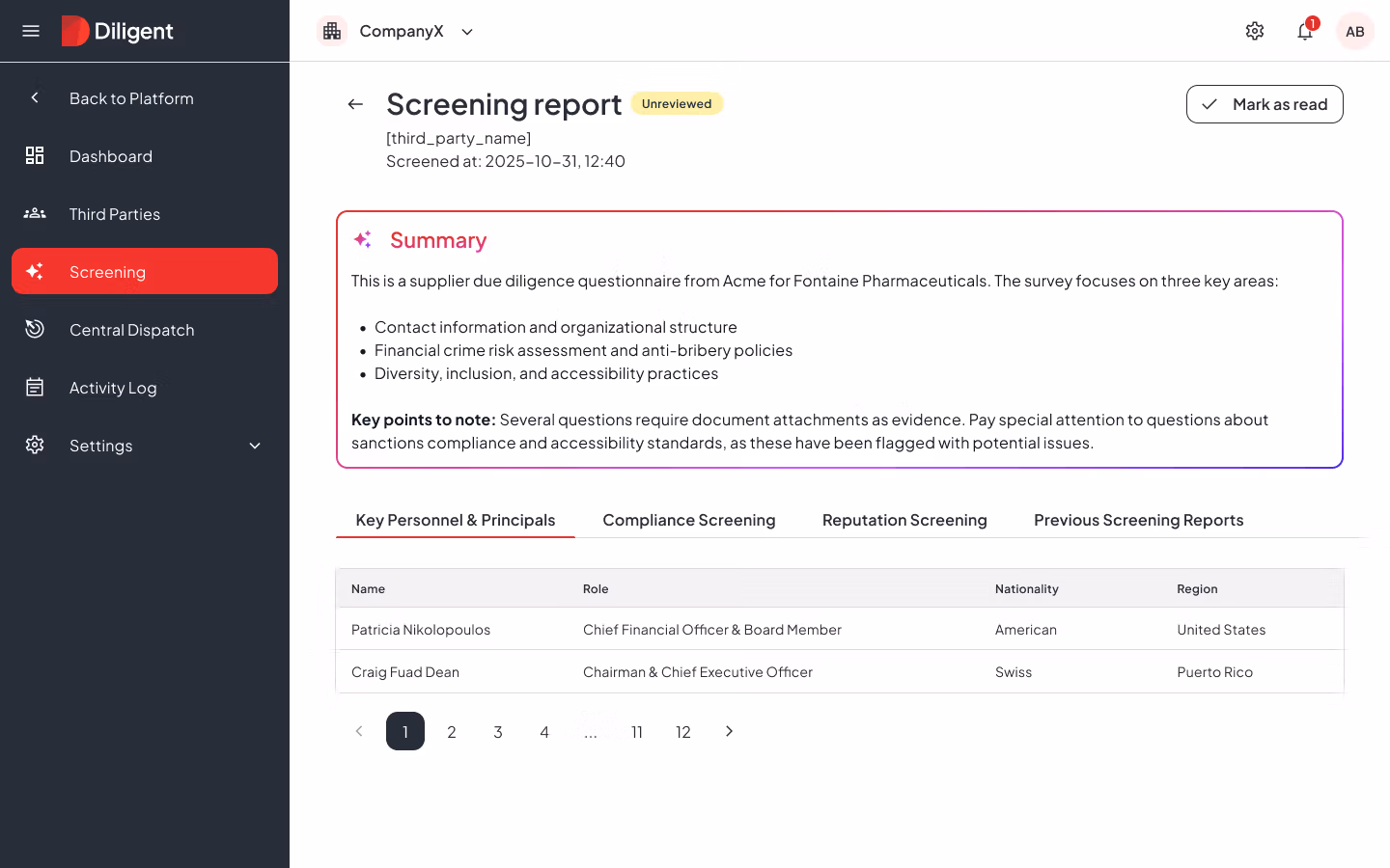 Third-party-screening-report Screening report UI with left navigation, header, and a summary card above a personnel table, highlighting the features of the Diligent Third-Party Risk Intel solution.